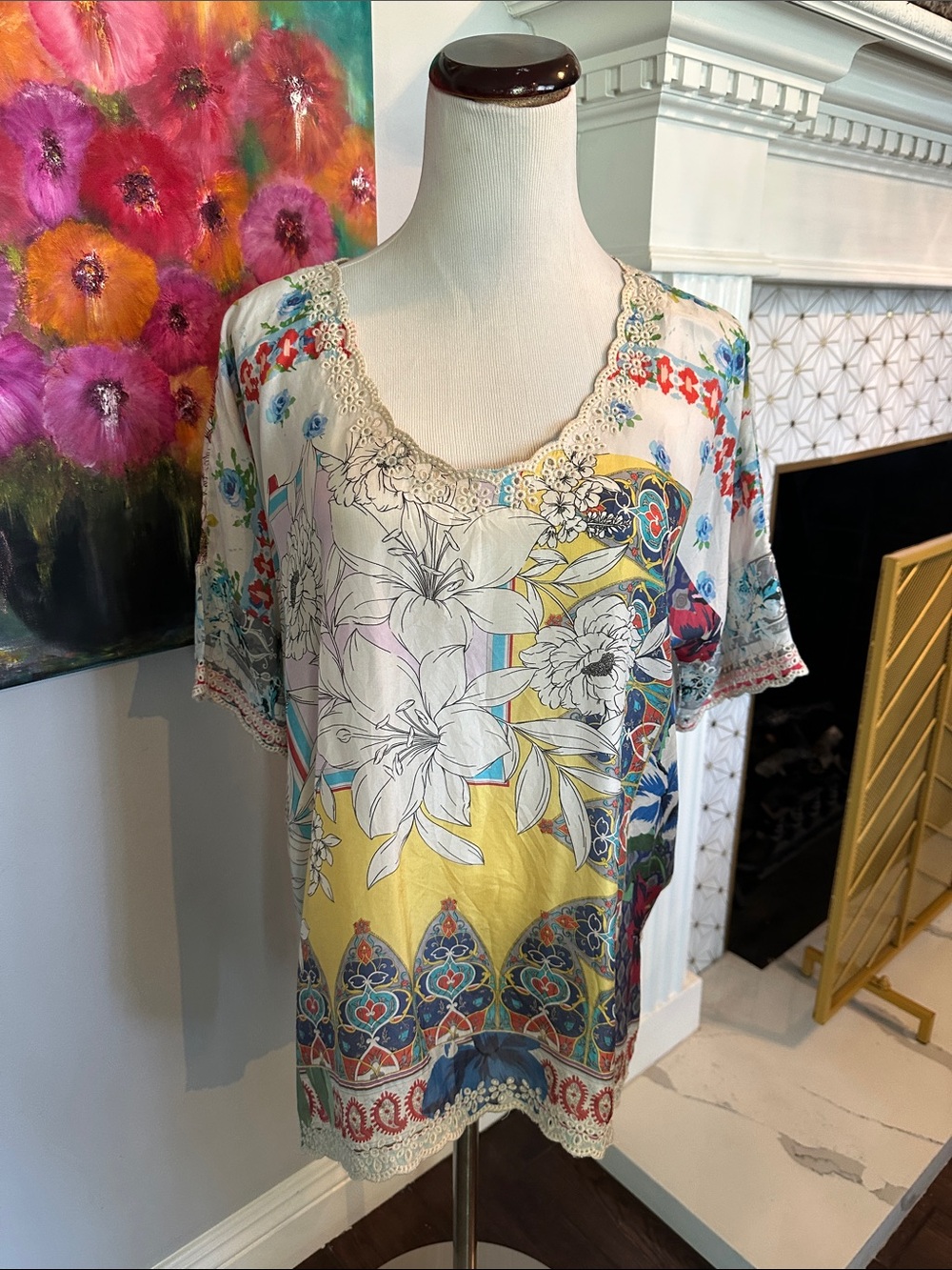 Johnny Was Silk Multicolor Floral Lace-Trim Blouse
